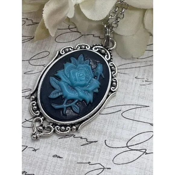 Cameo Necklace Turquoise Rose Wedding Jewelry Black Gothic Anniversary Easter - Picture 8 of 13